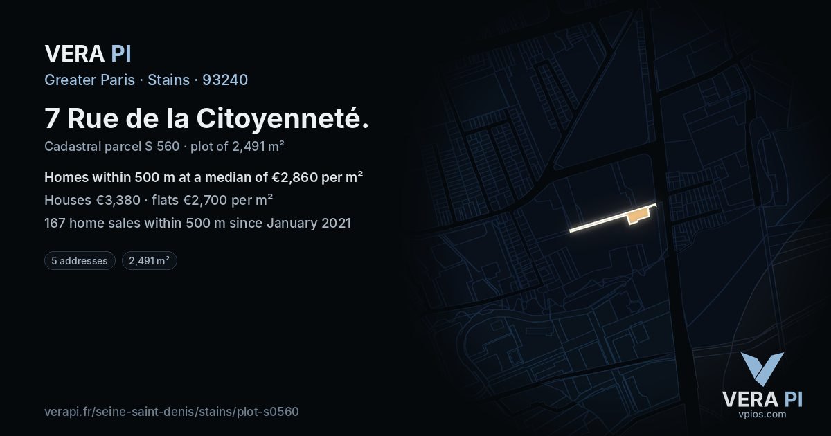 7 Rue de la Citoyenneté, Stains at night – the plot lit, the parcels around coloured by the prices near them