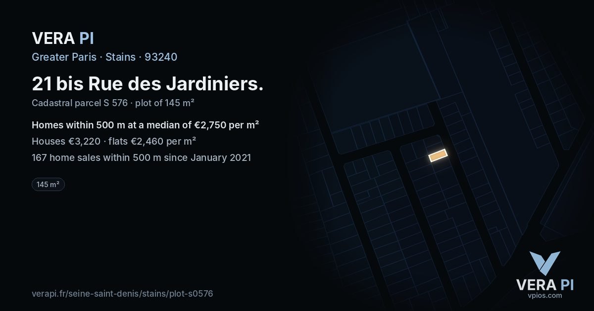 21 bis Rue des Jardiniers, Stains at night – the plot lit, the parcels around coloured by the prices near them