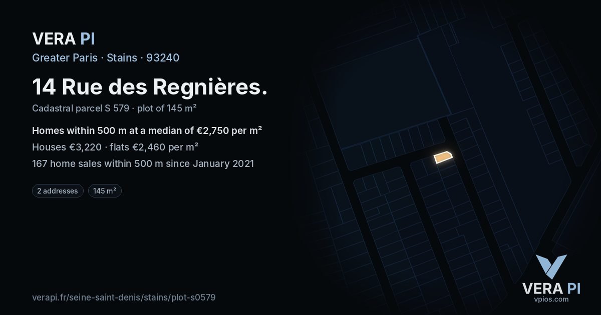 14 Rue des Regnières, Stains at night – the plot lit, the parcels around coloured by the prices near them