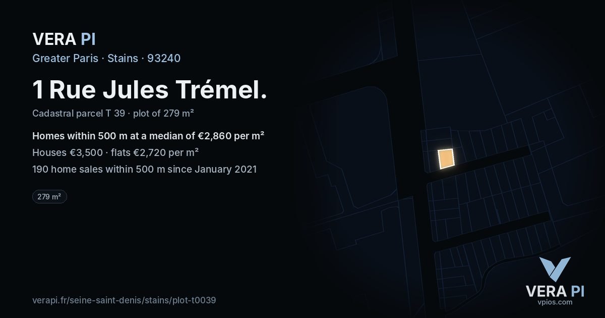 1 Rue Jules Trémel, Stains at night – the plot lit, the parcels around coloured by the prices near them