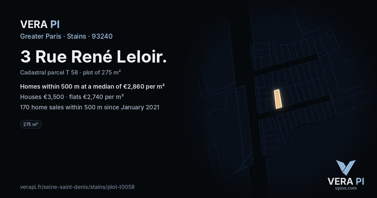 3 Rue René Leloir, Stains at night – the plot lit, the parcels around coloured by the prices near them