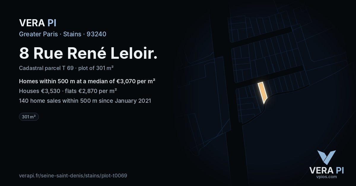8 Rue René Leloir, Stains at night – the plot lit, the parcels around coloured by the prices near them