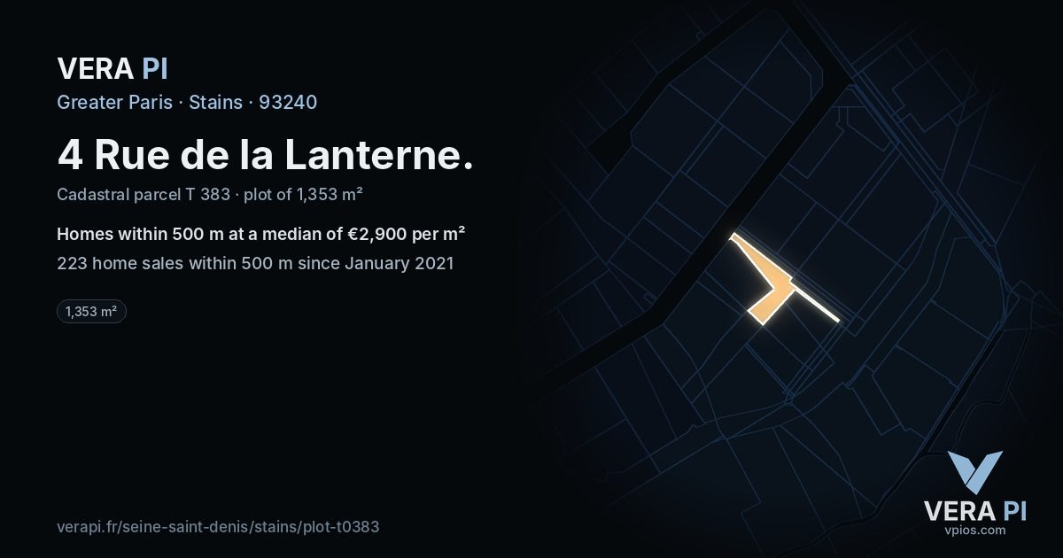 4 Rue de la Lanterne, Stains at night – the plot lit, the parcels around coloured by the prices near them