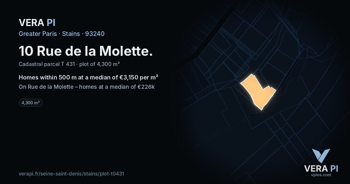 10 Rue de la Molette, Stains at night – the plot lit, the parcels around coloured by the prices near them