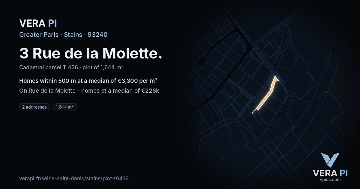 3 Rue de la Molette, Stains at night – the plot lit, the parcels around coloured by the prices near them