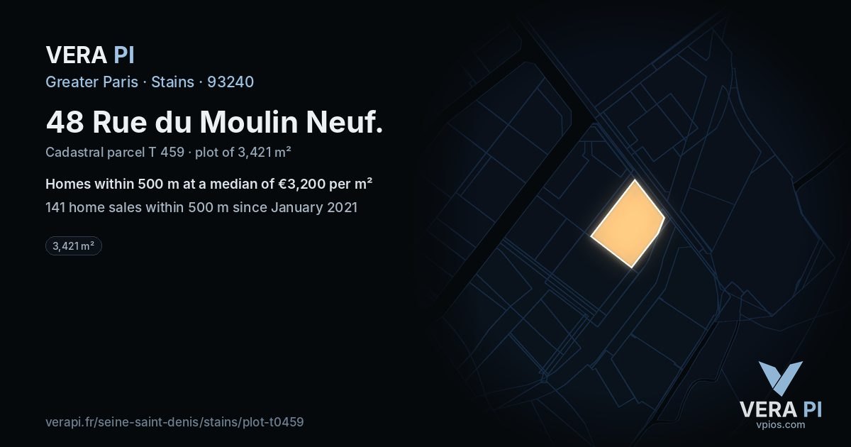 48 Rue du Moulin Neuf, Stains at night – the plot lit, the parcels around coloured by the prices near them