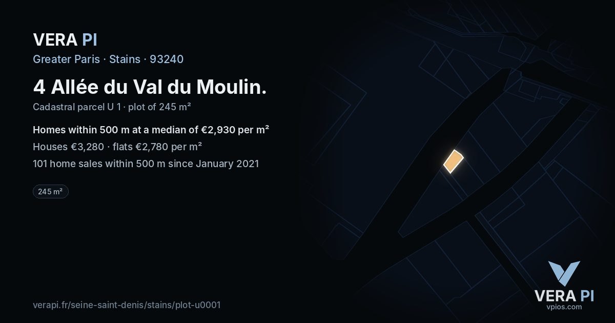 4 Allée du Val du Moulin, Stains at night – the plot lit, the parcels around coloured by the prices near them