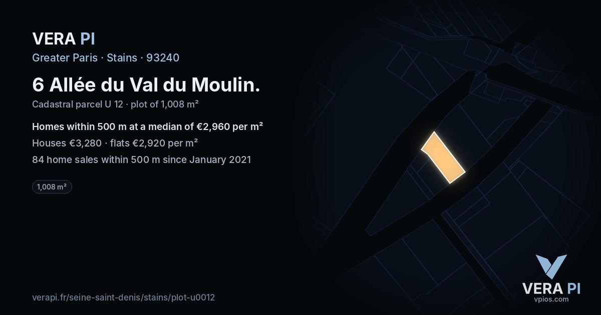 6 Allée du Val du Moulin, Stains at night – the plot lit, the parcels around coloured by the prices near them