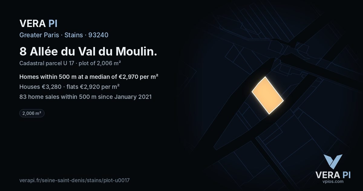 8 Allée du Val du Moulin, Stains at night – the plot lit, the parcels around coloured by the prices near them