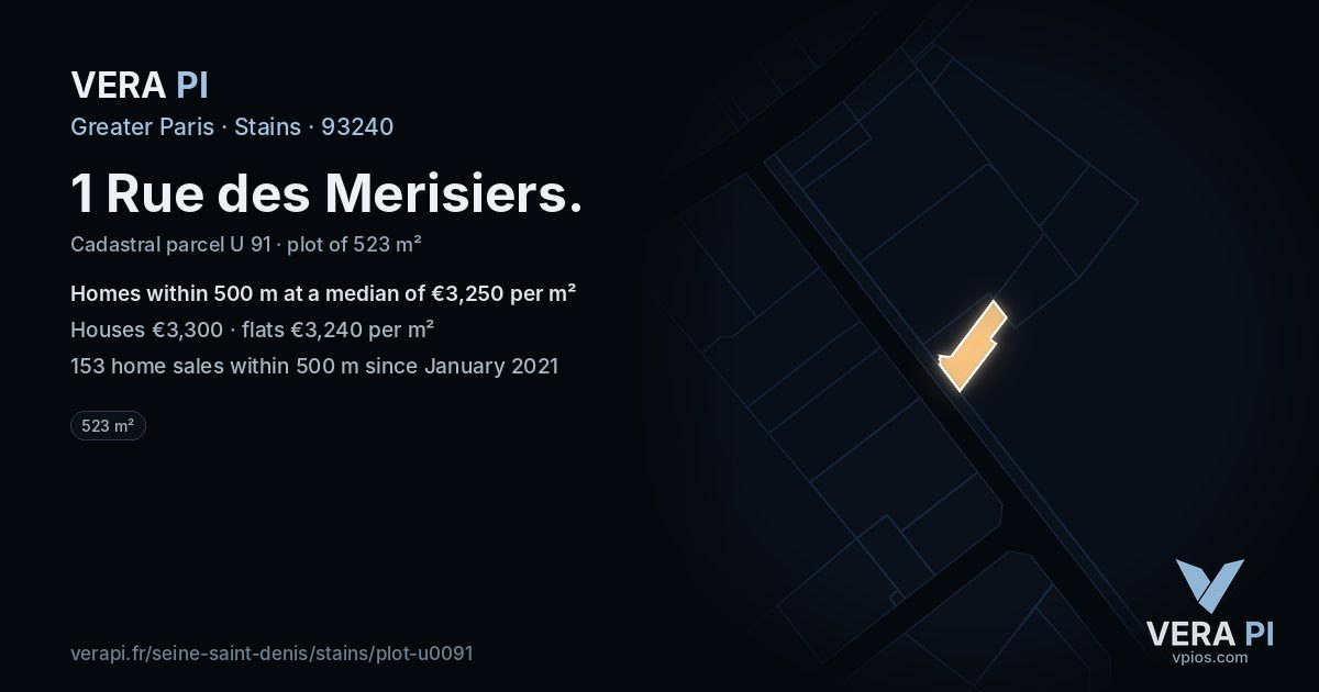 1 Rue des Merisiers, Stains at night – the plot lit, the parcels around coloured by the prices near them
