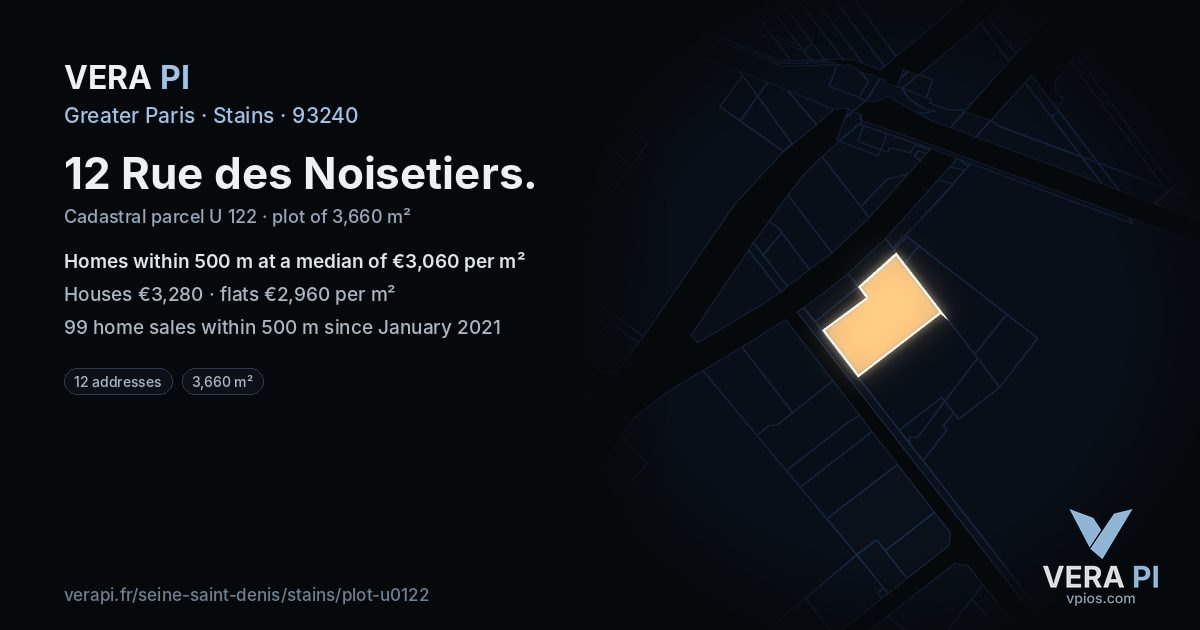 12 Rue des Noisetiers, Stains at night – the plot lit, the parcels around coloured by the prices near them