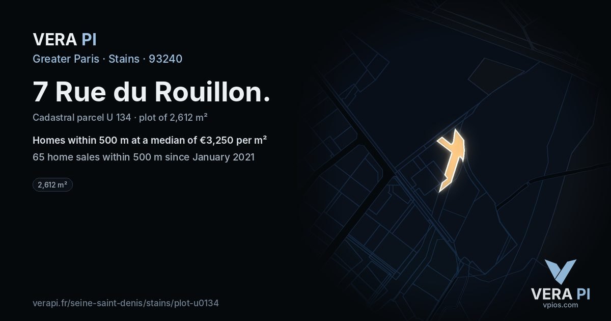 7 Rue du Rouillon, Stains at night – the plot lit, the parcels around coloured by the prices near them
