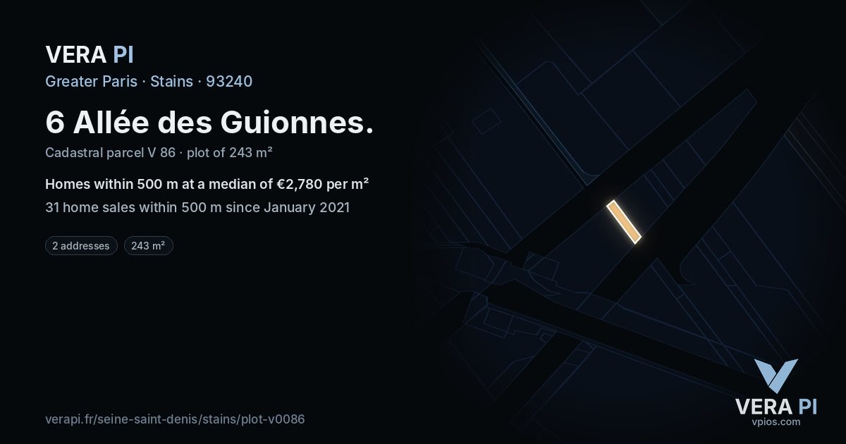 6 Allée des Guionnes, Stains at night – the plot lit, the parcels around coloured by the prices near them