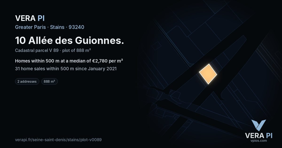 10 Allée des Guionnes, Stains at night – the plot lit, the parcels around coloured by the prices near them