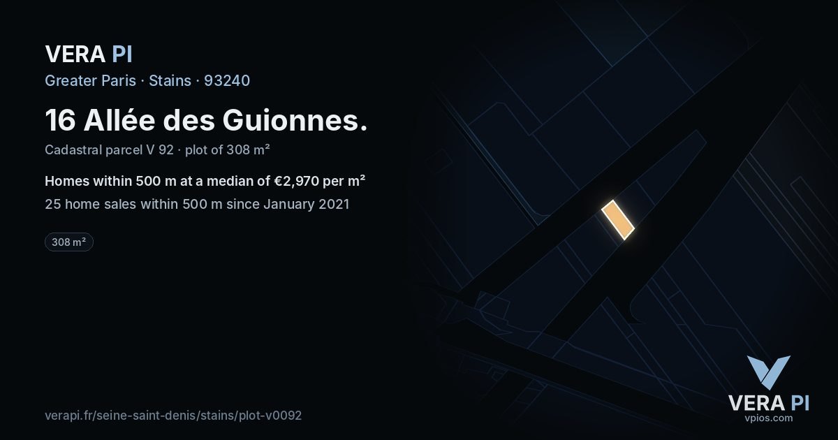16 Allée des Guionnes, Stains at night – the plot lit, the parcels around coloured by the prices near them