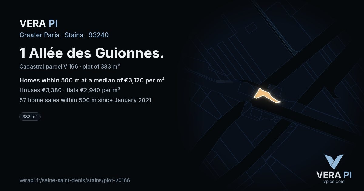 1 Allée des Guionnes, Stains at night – the plot lit, the parcels around coloured by the prices near them