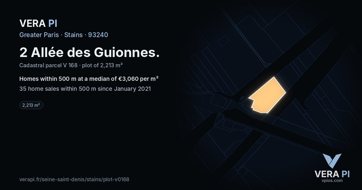 2 Allée des Guionnes, Stains at night – the plot lit, the parcels around coloured by the prices near them