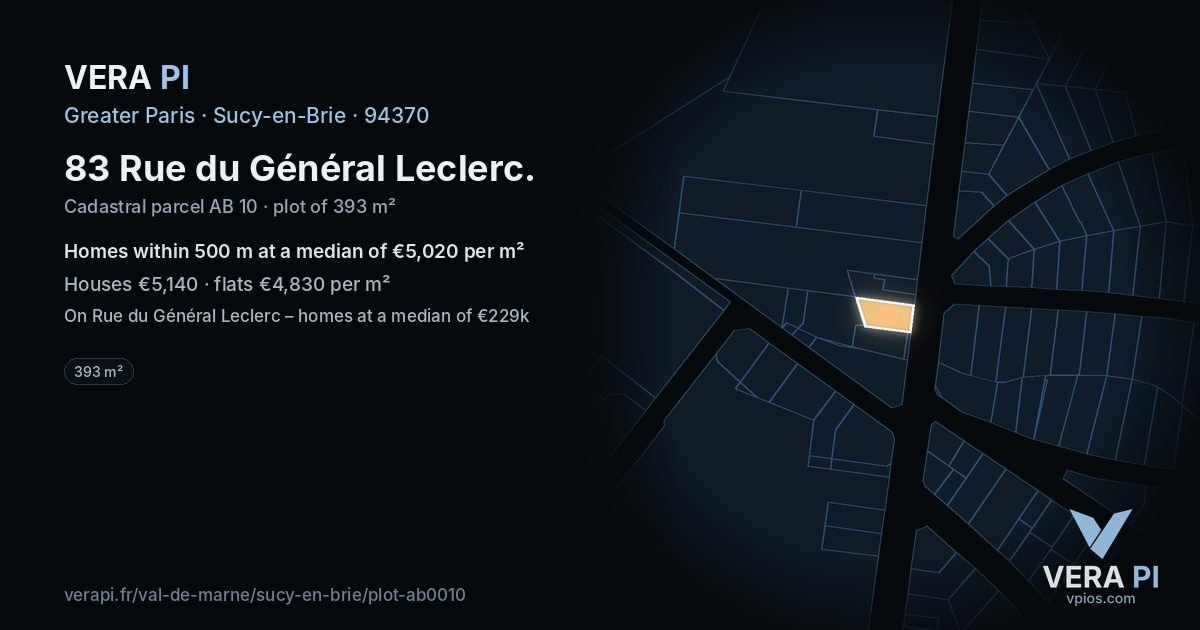 83 Rue du Général Leclerc, Sucy-en-Brie at night – the plot lit, the parcels around coloured by the prices near them