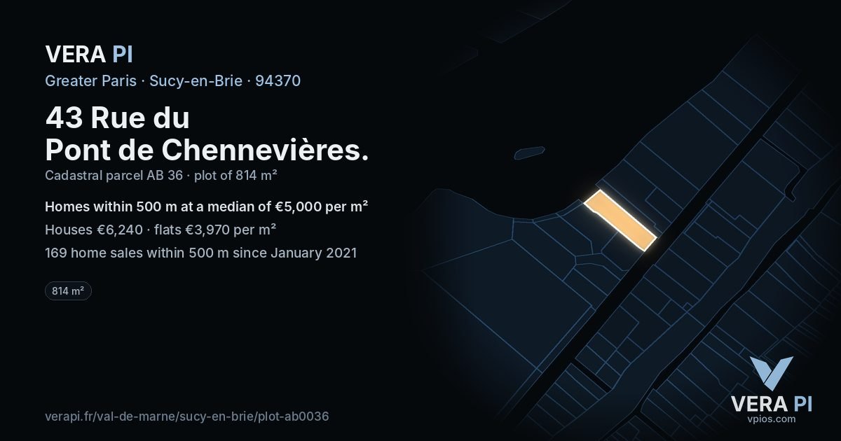 43 Rue du Pont de Chennevières, Sucy-en-Brie at night – the plot lit, the parcels around coloured by the prices near them