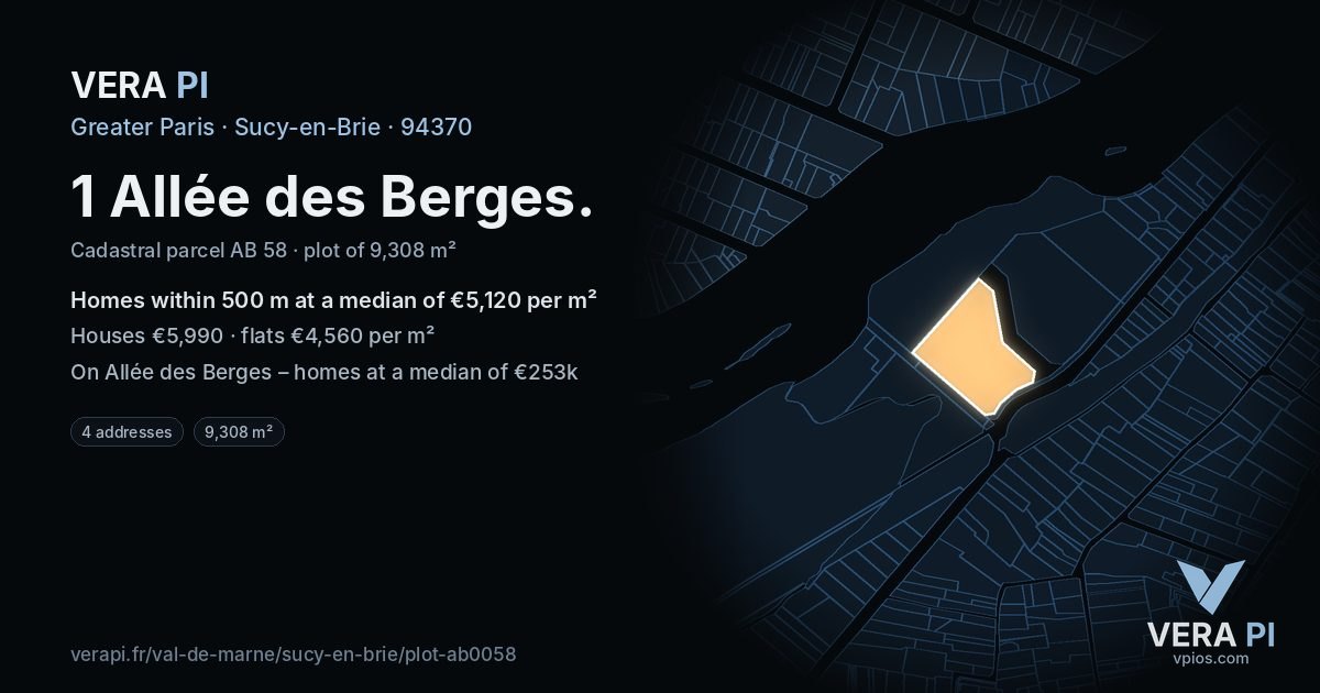 1 Allée des Berges, Sucy-en-Brie at night – the plot lit, the parcels around coloured by the prices near them