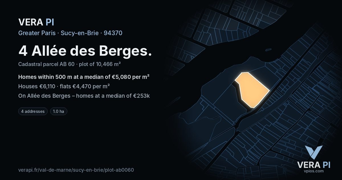 4 Allée des Berges, Sucy-en-Brie at night – the plot lit, the parcels around coloured by the prices near them