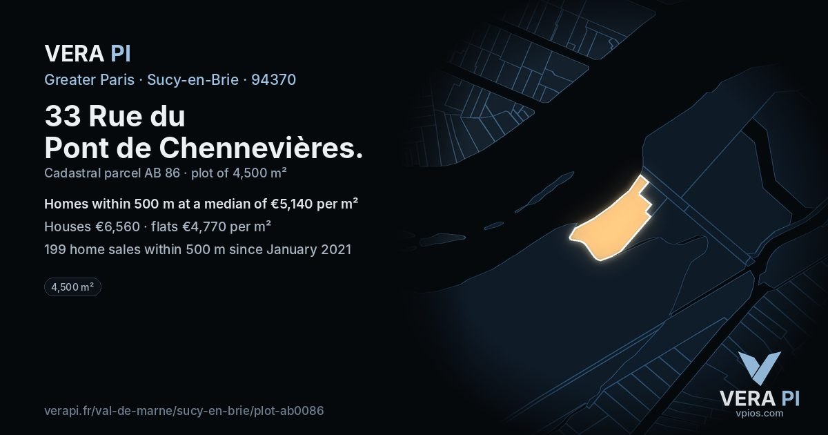 33 Rue du Pont de Chennevières, Sucy-en-Brie at night – the plot lit, the parcels around coloured by the prices near them