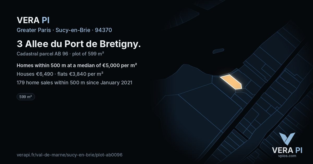 3 Allee du Port de Bretigny, Sucy-en-Brie at night – the plot lit, the parcels around coloured by the prices near them