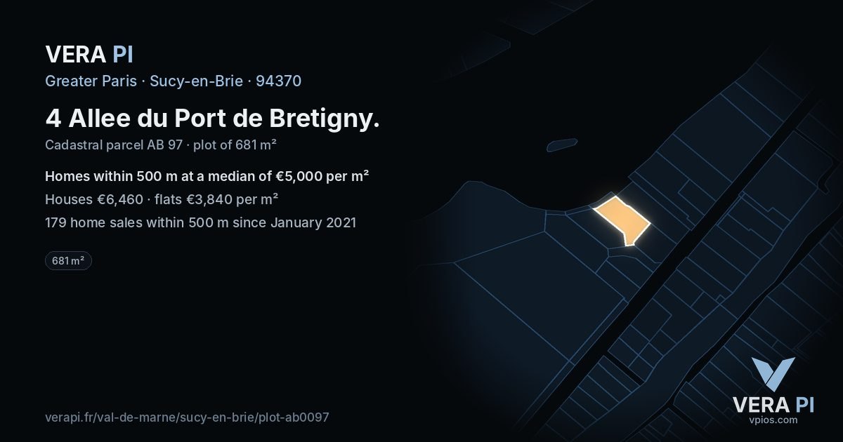 4 Allee du Port de Bretigny, Sucy-en-Brie at night – the plot lit, the parcels around coloured by the prices near them