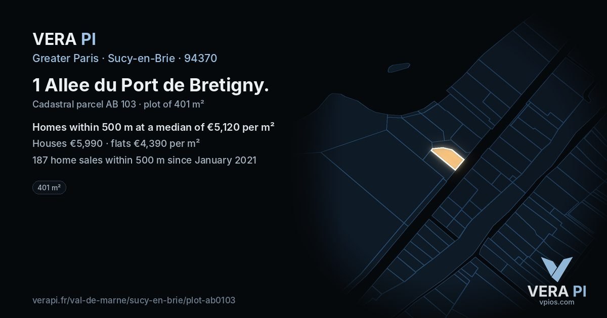 1 Allee du Port de Bretigny, Sucy-en-Brie at night – the plot lit, the parcels around coloured by the prices near them
