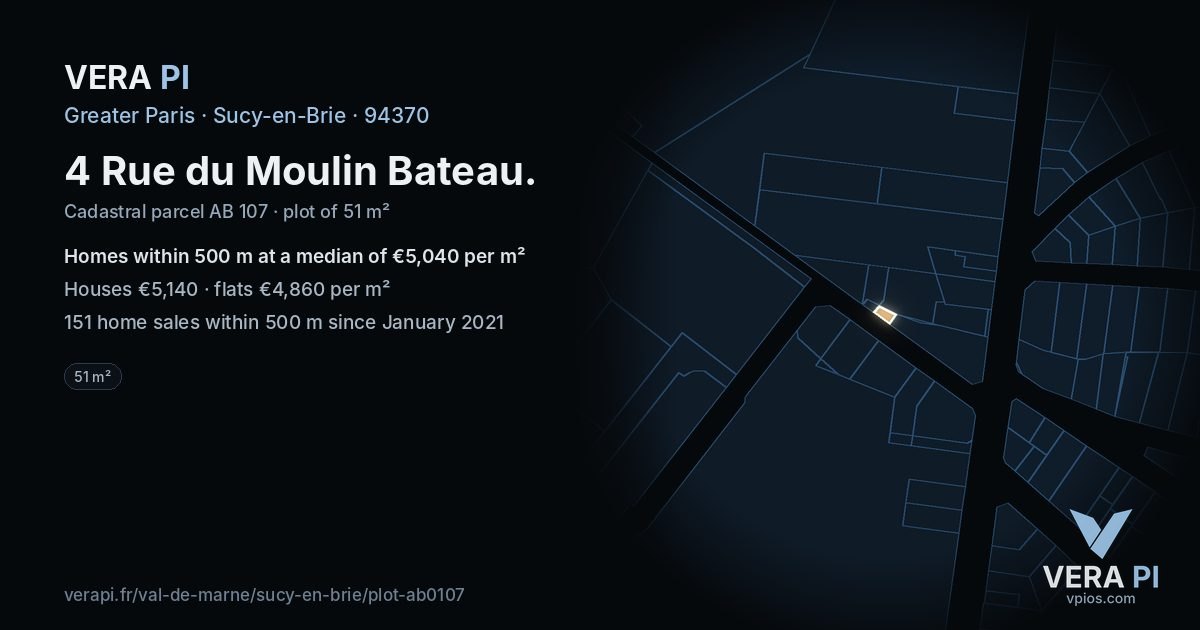 4 Rue du Moulin Bateau, Sucy-en-Brie at night – the plot lit, the parcels around coloured by the prices near them