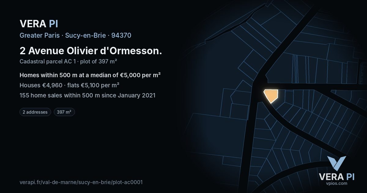 2 Avenue Olivier d'Ormesson, Sucy-en-Brie at night – the plot lit, the parcels around coloured by the prices near them