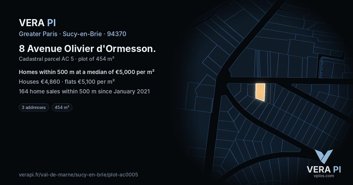8 Avenue Olivier d'Ormesson, Sucy-en-Brie at night – the plot lit, the parcels around coloured by the prices near them