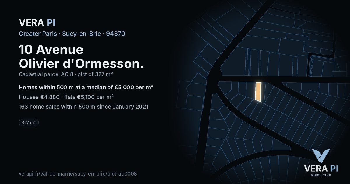 10 Avenue Olivier d'Ormesson, Sucy-en-Brie at night – the plot lit, the parcels around coloured by the prices near them