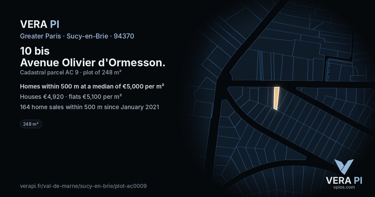 10 bis Avenue Olivier d'Ormesson, Sucy-en-Brie at night – the plot lit, the parcels around coloured by the prices near them