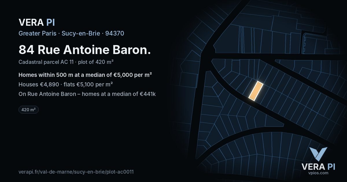 84 Rue Antoine Baron, Sucy-en-Brie at night – the plot lit, the parcels around coloured by the prices near them
