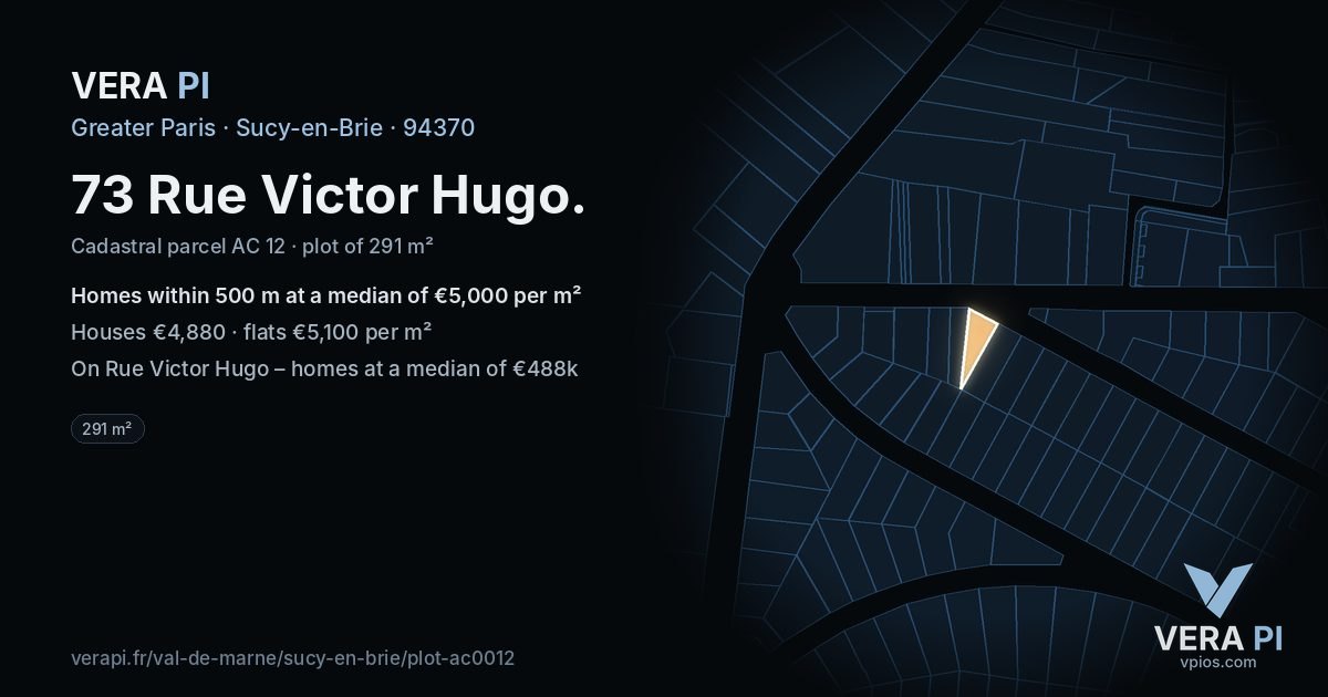 73 Rue Victor Hugo, Sucy-en-Brie at night – the plot lit, the parcels around coloured by the prices near them