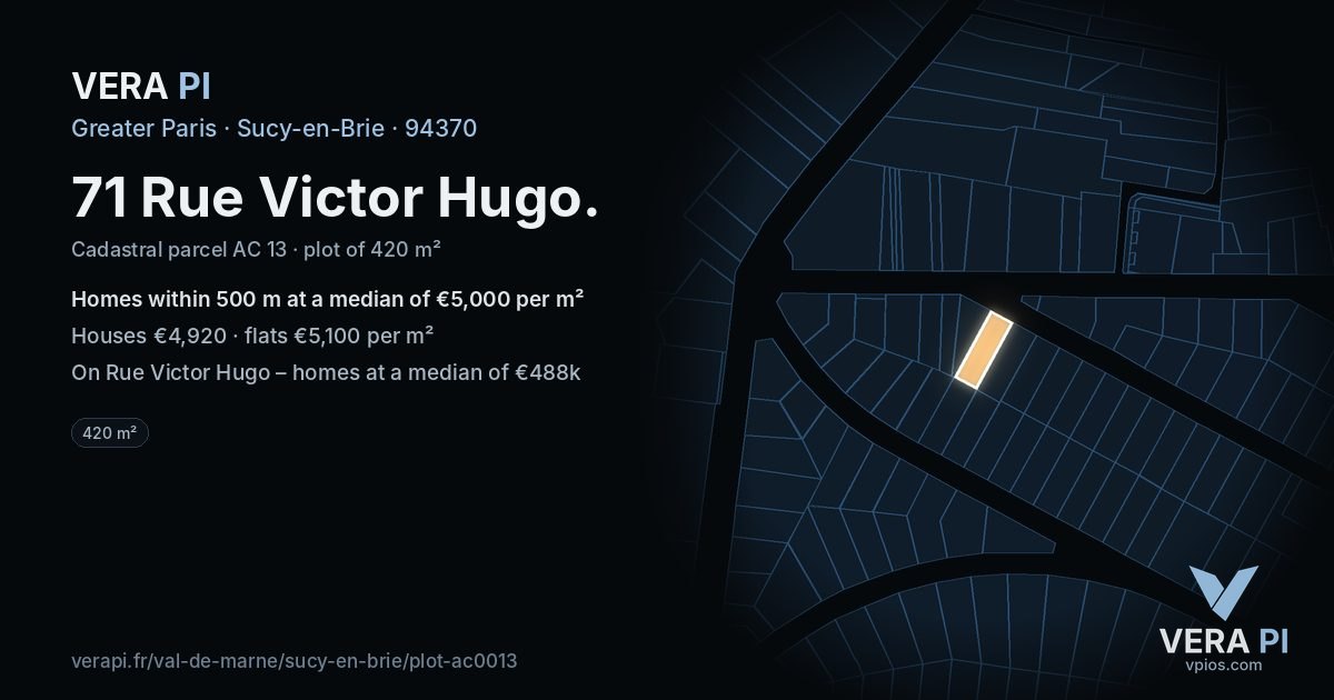 71 Rue Victor Hugo, Sucy-en-Brie at night – the plot lit, the parcels around coloured by the prices near them
