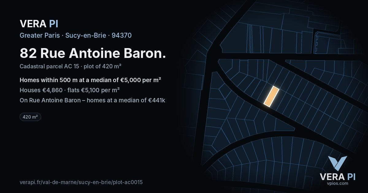 82 Rue Antoine Baron, Sucy-en-Brie at night – the plot lit, the parcels around coloured by the prices near them