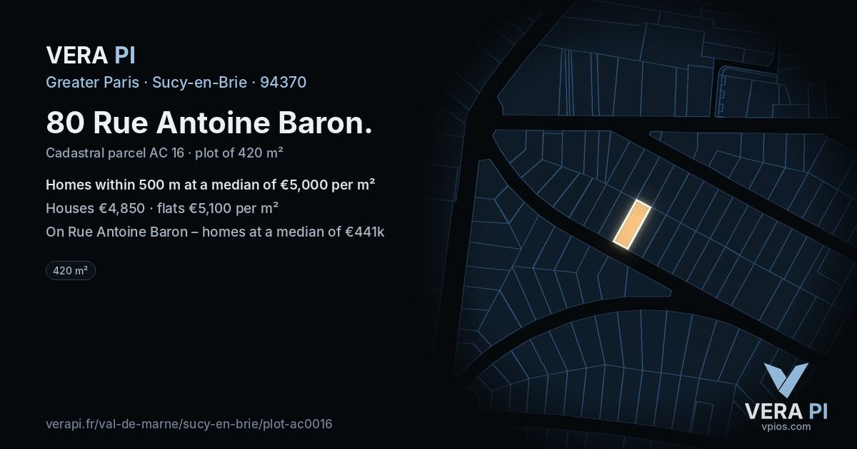 80 Rue Antoine Baron, Sucy-en-Brie at night – the plot lit, the parcels around coloured by the prices near them