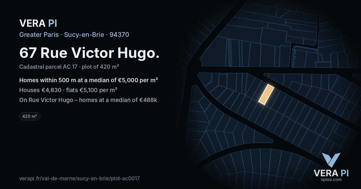 67 Rue Victor Hugo, Sucy-en-Brie at night – the plot lit, the parcels around coloured by the prices near them