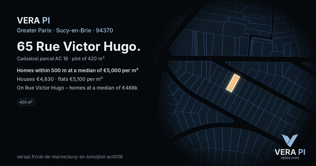 65 Rue Victor Hugo, Sucy-en-Brie at night – the plot lit, the parcels around coloured by the prices near them