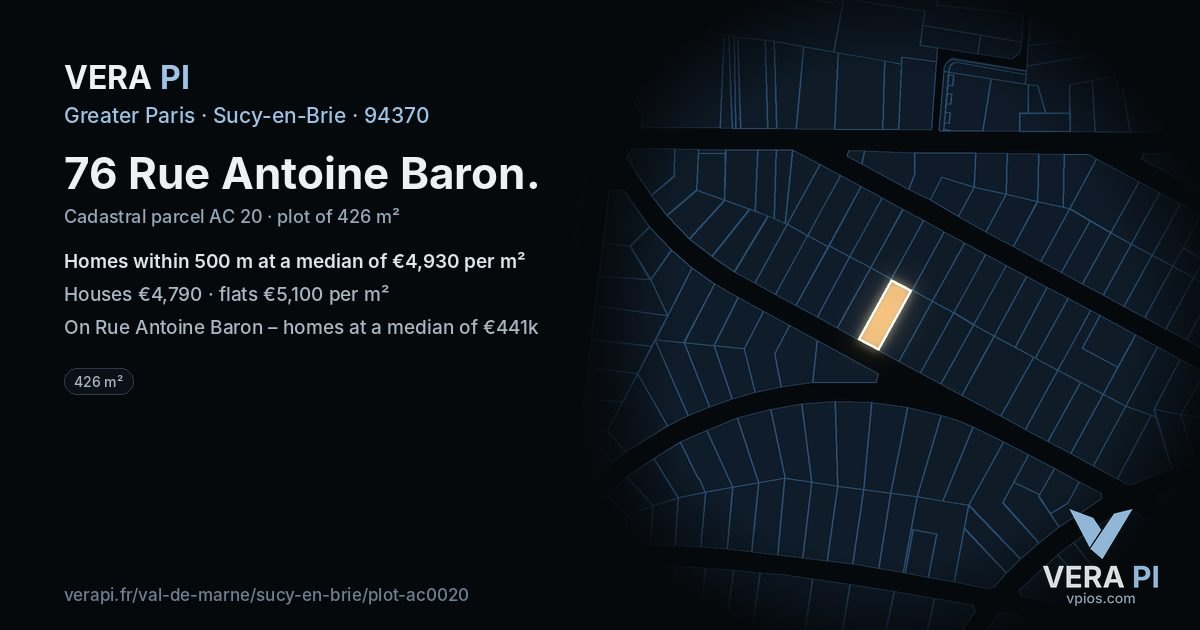 76 Rue Antoine Baron, Sucy-en-Brie at night – the plot lit, the parcels around coloured by the prices near them