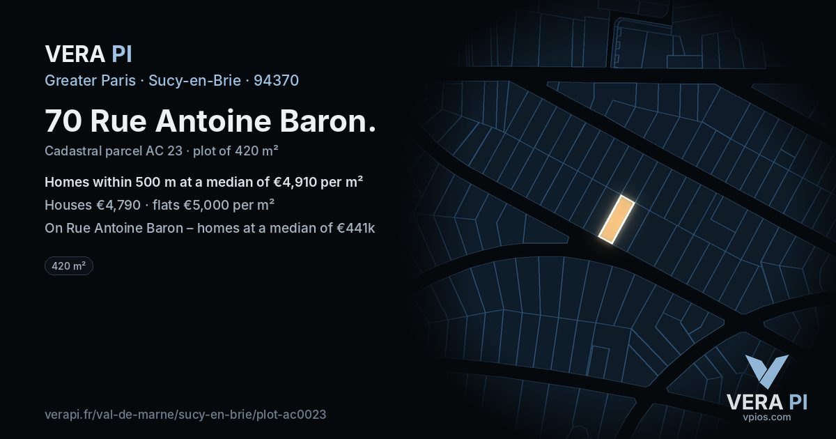 70 Rue Antoine Baron, Sucy-en-Brie at night – the plot lit, the parcels around coloured by the prices near them