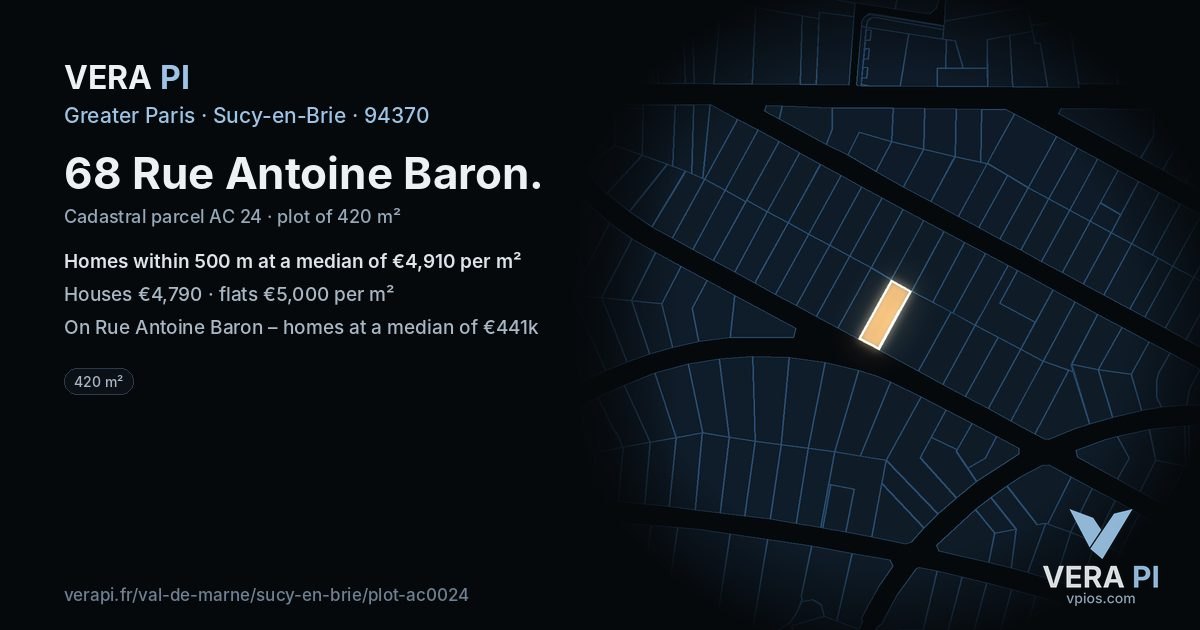 68 Rue Antoine Baron, Sucy-en-Brie at night – the plot lit, the parcels around coloured by the prices near them