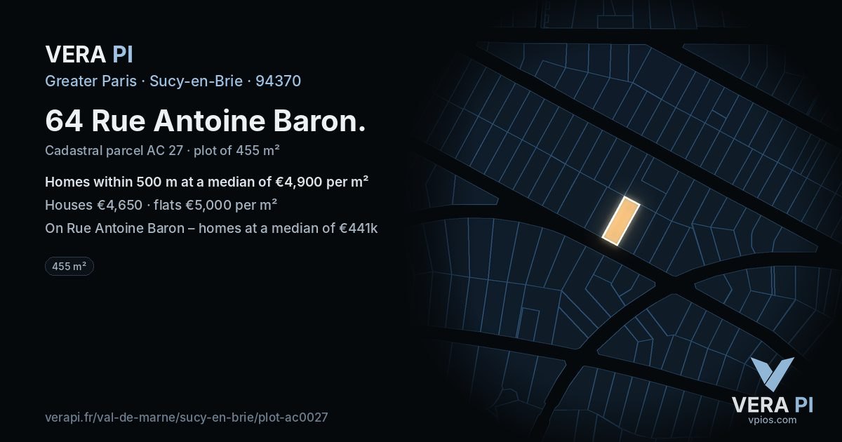 64 Rue Antoine Baron, Sucy-en-Brie at night – the plot lit, the parcels around coloured by the prices near them