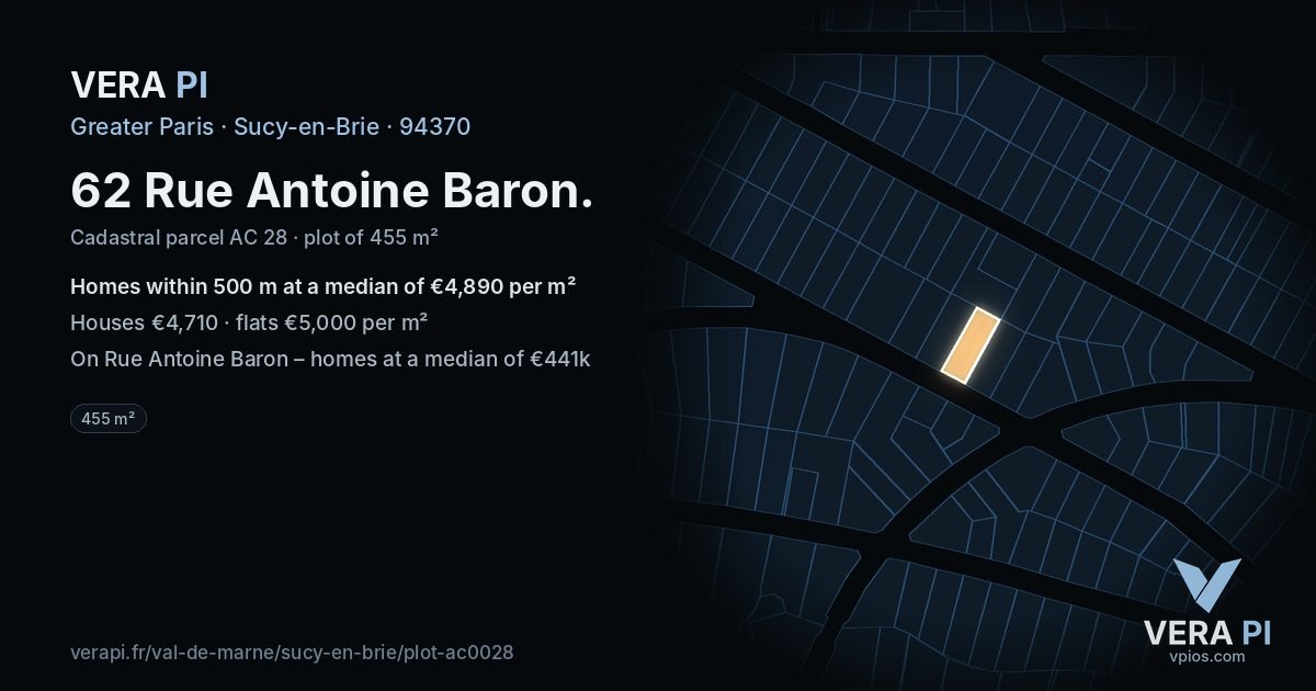 62 Rue Antoine Baron, Sucy-en-Brie at night – the plot lit, the parcels around coloured by the prices near them