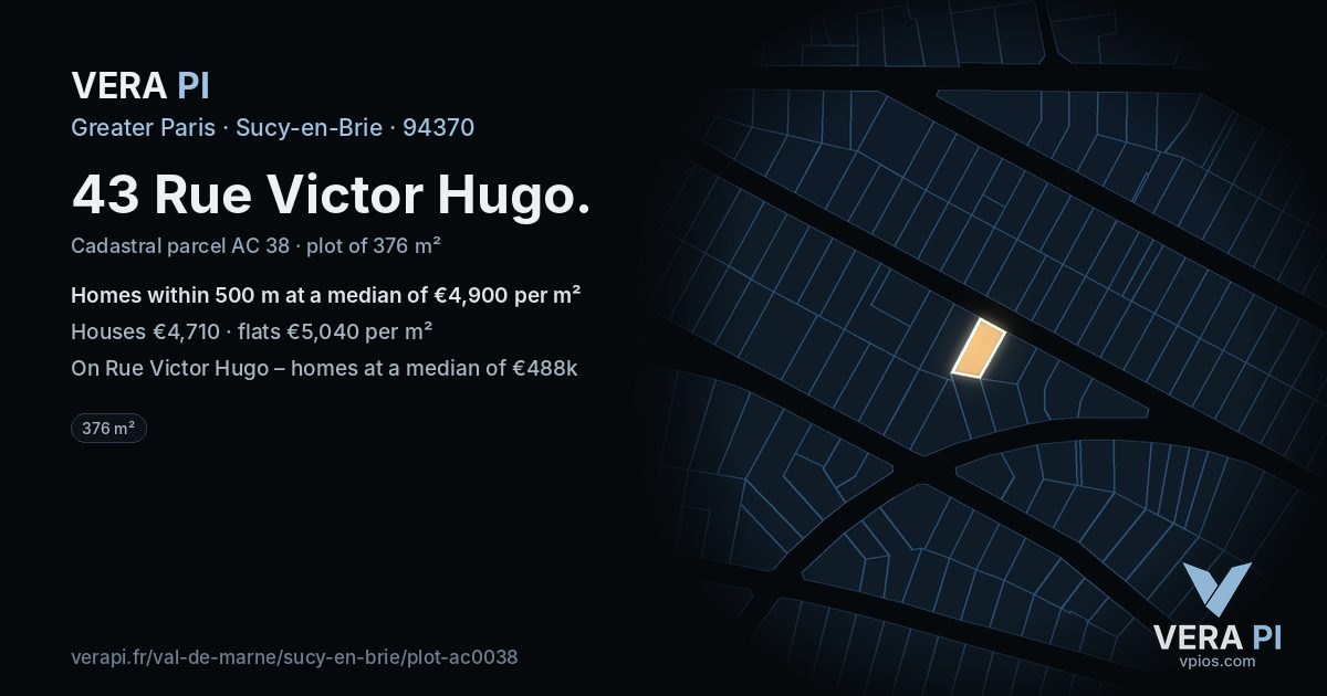 43 Rue Victor Hugo, Sucy-en-Brie at night – the plot lit, the parcels around coloured by the prices near them