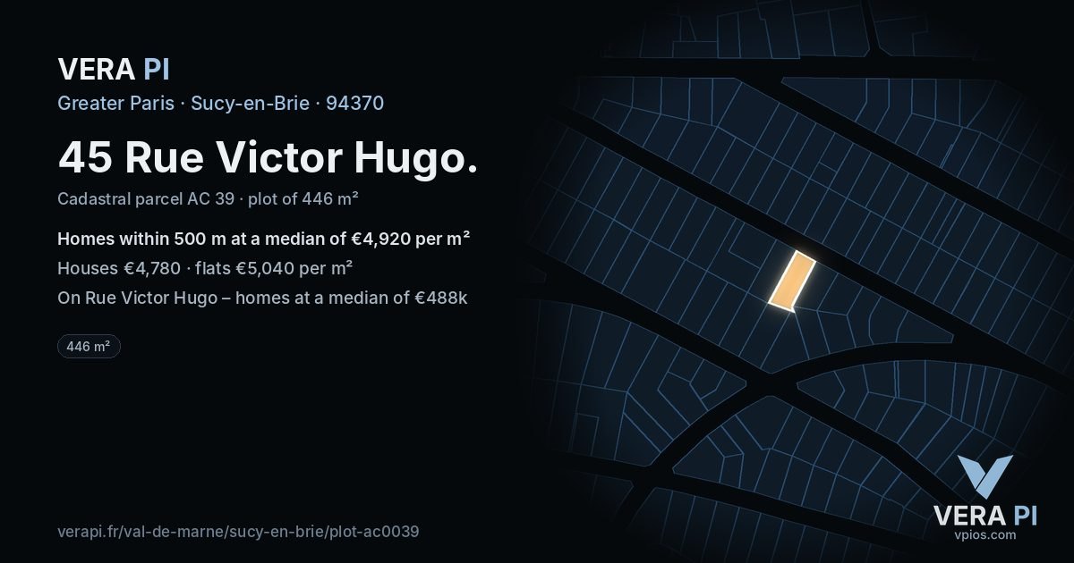 45 Rue Victor Hugo, Sucy-en-Brie at night – the plot lit, the parcels around coloured by the prices near them