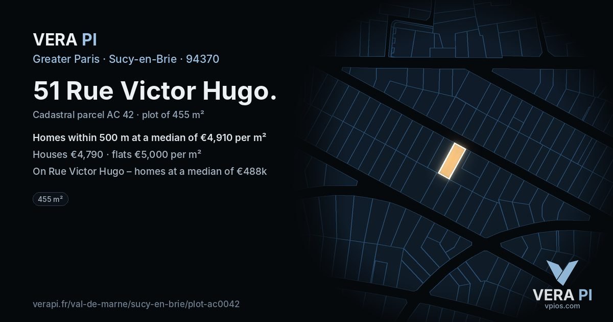51 Rue Victor Hugo, Sucy-en-Brie at night – the plot lit, the parcels around coloured by the prices near them