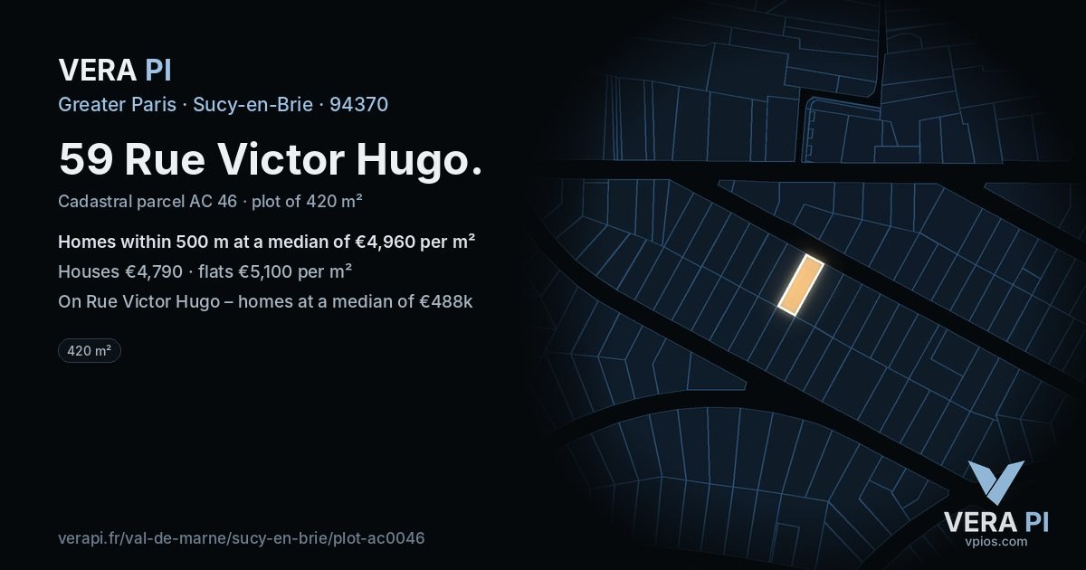 59 Rue Victor Hugo, Sucy-en-Brie at night – the plot lit, the parcels around coloured by the prices near them